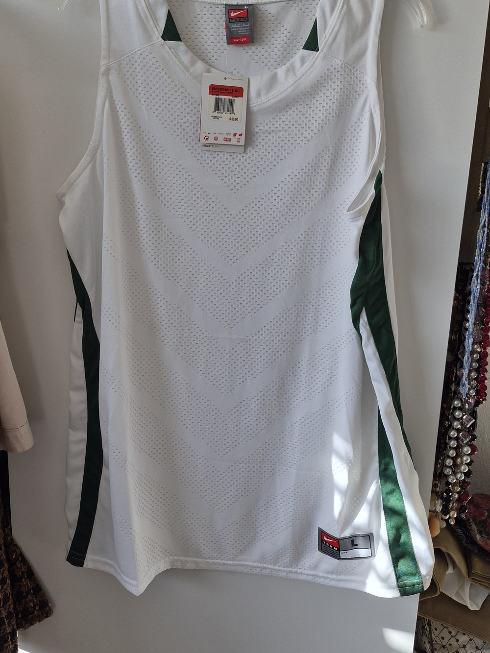Nike Men’s White Basketball Jersey with Green Side Panels Sz L